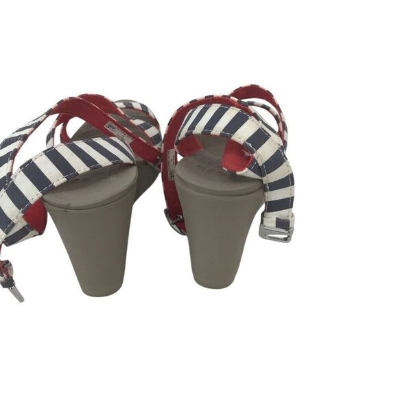 Crocs Leigh Wedge Sandals Ankle Strappy White Blue Striped Women’s Size 9 - Picture 2 of 8